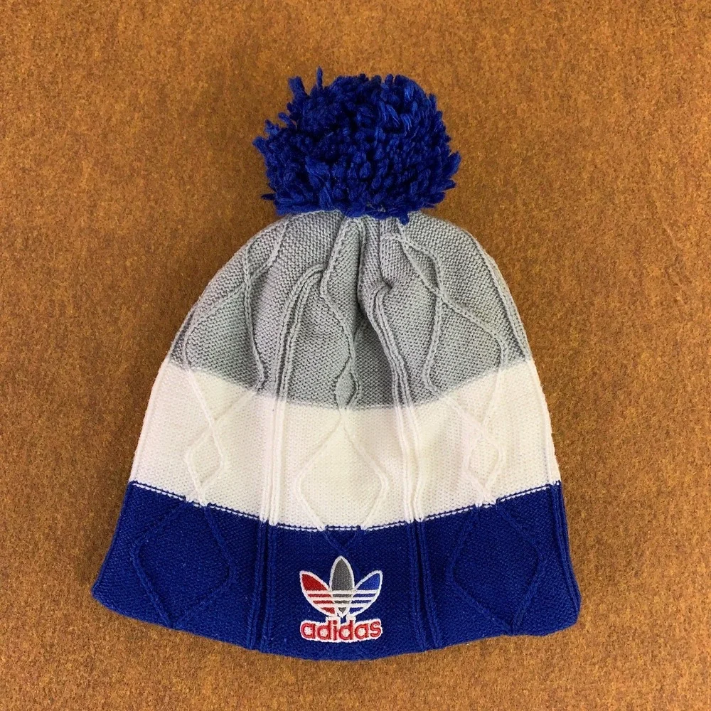 Kansas Jayhawks Adidas OSFA Blue Gray White Cable Knit Pom Beanie